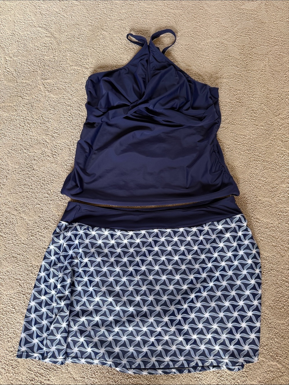 Navy Patterned Swimdress with Skirt Overlay
